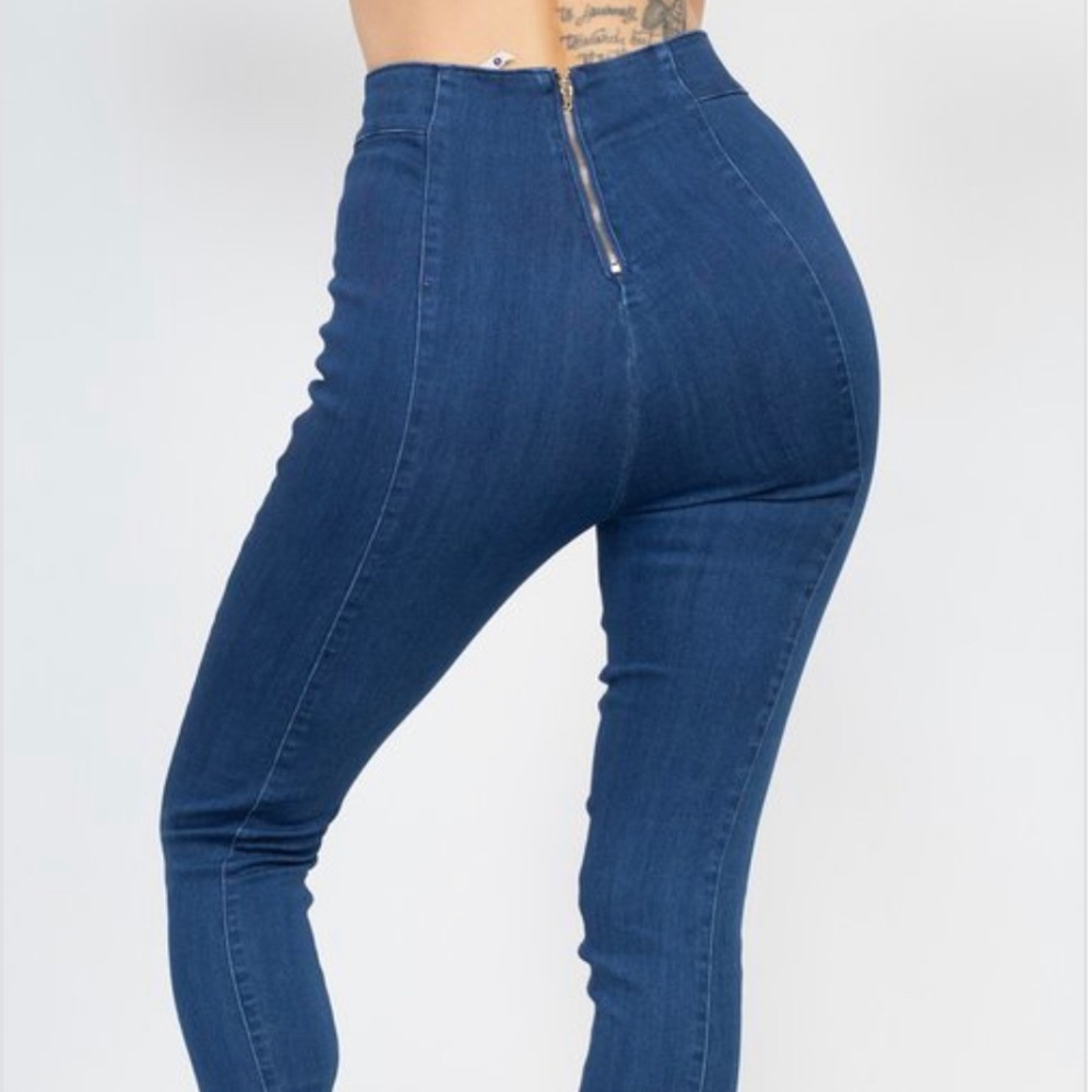 NEW FALL TRENDY DARK BLUE WASH DENIM HIGH WAIST WOMEN JEANS GOLD BUTTON DETAILS - Picture 6 of 12
